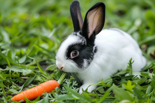 A black and white rabbit is eating a carrot in the grass, A cute black and white bunny nibbling on a fresh carrot