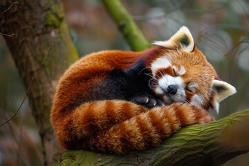 A red panda, small mammal with reddish fur, curled up and sleeping on top of a tree branch in a...