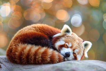A red panda curled up for a nap on a rock, A cute red panda curled up for a nap