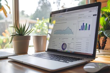 A laptop computer sits on top of a wooden desk in a simple and organized workspace, A cutting-edge digital marketing tool designed to revolutionize customer engagement