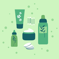 Set of pads, sticks, tubes and bottles for bodycare and hygiene. Cosmetic products in green pack in simple flat design. Bath accessories for daily individual skincare and cleanliness.
