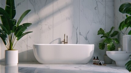 Fototapeta premium A sophisticated 3D render of a modern luxury bathroom interior, captured from a low-angle shot for a dramatic perspective