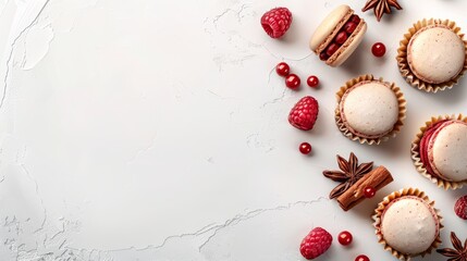 Naklejka premium A table, laden with cupcakes Each cupcake boasts a generous covering of frosting Atop the frosting rest raspberries, their vibrant