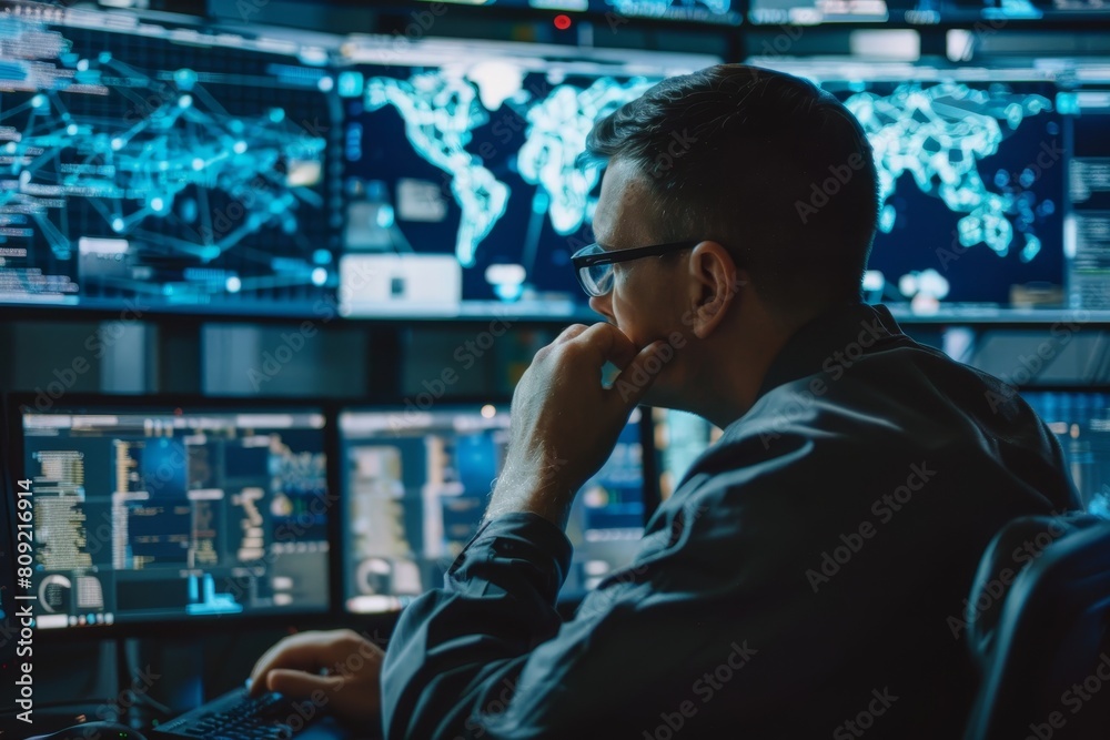Poster a cyber defense strategist sitting in front of a computer monitor, mapping out network vulnerabiliti