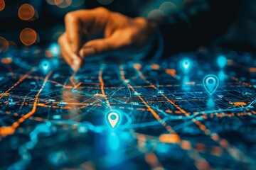 A hand belonging to a cyber defense strategist touches a map that has a pin on it, marking out network vulnerabilities, A cyber defense strategist mapping out network vulnerabilities