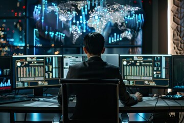 A cyber intelligence analyst sits at a desk in front of two computer monitors, monitoring online threats, A cyber intelligence analyst monitoring online threats