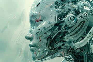 A robot head with various wires and attachments connected to it, showcasing a blend of human and machine elements, A cybernetic organism blending human and machine elements