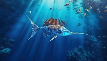 Fototapeta premium Ikan marlin besar di lautan biru, pemandangan hewan lautan yang memukau
