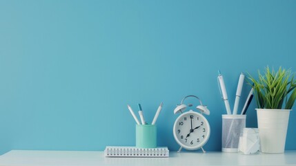 A neatly organized student's workplace, featuring a white desk equipped with an alarm clock and multiple notepads for efficient study sessions