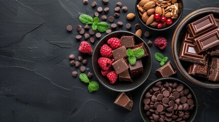   Assorted chocolates, raspberries, nuts, and chocolate bars arranged above on a black stone tabletop