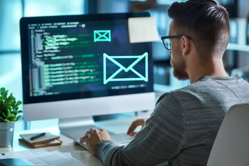 A man sitting at a desk in front of a computer scrutinizing a suspicious phishing email for cybersecurity purposes, A cybersecurity analyst examining a phishing email