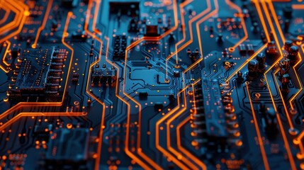 A dynamic technological background featuring an orange and blue circuit board intertwined with HTML code