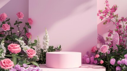 3d render. Podium background flower rose product pink 3d spring table beauty stand display nature white.