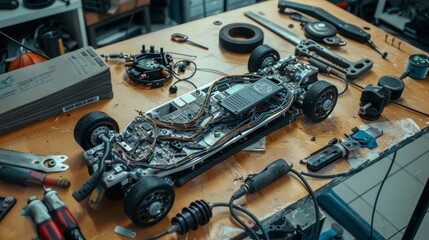 An open hoverboard disassembled with its internal wires exposed, set on a repair table alongside various tools during a repair process