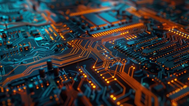 A dynamic technological background featuring an orange and blue circuit board intertwined with HTML code
