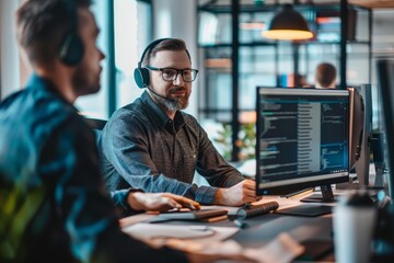 Two men sitting at a desk, discussing cybersecurity strategies on a computer, A cybersecurity consultant advising a company on best practices