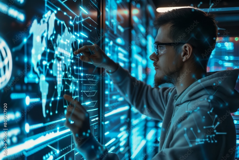 Poster cybersecurity engineer in hoodie intensely studying data on computer screen, a cybersecurity enginee