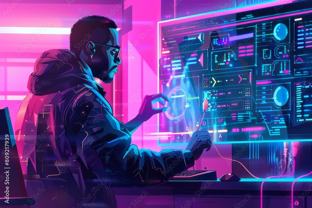 Aufkleber a man working at a desk, concentrating on his computer to build a secure platform, a cybersecurity e