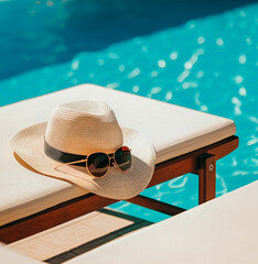 Stylish summer straw hat and sunglasses on a pool lounge chair