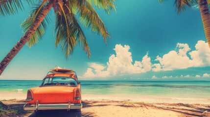 A classic vintage car parked on a sandy tropical beach, with a surfboard ready for adventure on its roof