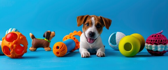 Obraz premium Colorful Dog Toys Are Showcased Against A Blue Backdrop, Emphasizing Their Appeal For Canine Enjoyment, Background