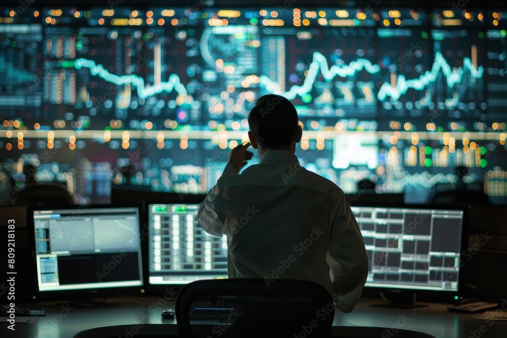 Poster a cybersecurity expert focused on monitoring network traffic on three computer monitors at a desk, a