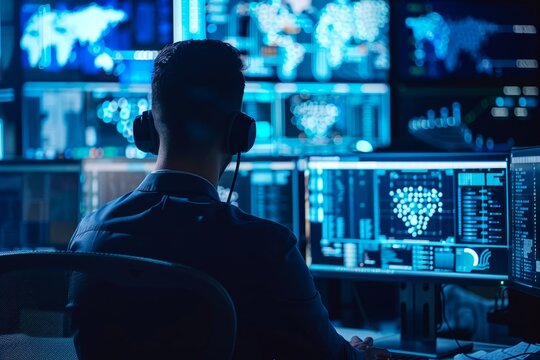 Man in headset presents cyber security on computer, A cyber security expert giving a presentation on cyber threats