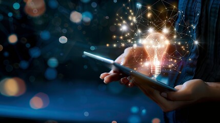 Abstract. Innovation. Hands holding tablet with light bulb future technologies and network connection on virtual interface background, innovative technology in science and communication concept