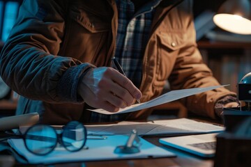 A person sitting at a desk, writing notes on a paper with a pen, A cybersecurity forensics expert collecting evidence for a legal case