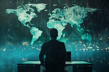 A man stands in front of a world map projection, A cybersecurity journalist reporting on the latest...