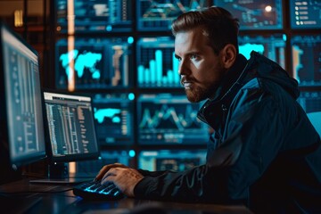 Fototapeta premium A man sitting at a desk while using a computer for work or research, A cyber security lawyer advising clients on legal ramifications of data breaches