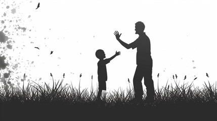 Silhouette of Man and Child in Field