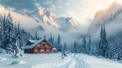 Winter aesthetic landscape with house panorama, muted neutral colors, forest, and mountains..