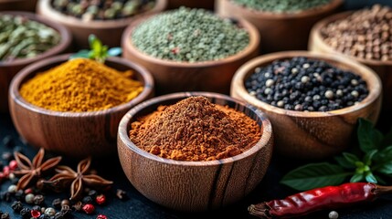 Fototapeta premium A wooden table with various spices in bowls and a pile of pepper