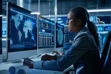 A woman is focused on training employees in cybersecurity on two computer monitors, A cybersecurity specialist training employees on cybersecurity awareness