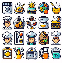 Icons on the theme of professional kitchen, cooks, equipment and products, a group of people in chef hats with professional tools, kitchen equipment. Flat art for kitchen instructions, restaurants, fa