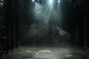 A dark stage emitting smoke in a dramatic setting, A dark and dramatic stage for your artistic...