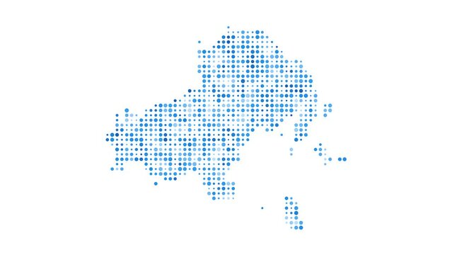 Skiathos dotted digital map. Map of Skiathos with pulsating colored circles. Shape of the island filled with blue disks. Modern video.