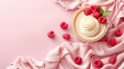   A cupcake, adorned with white frosting, sits atop a pink cloth Raspberries decorate the frosted treat, and a single green leaf rests at