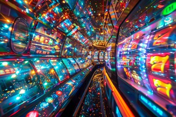 Brightly lit tunnel with colorful neon lights creating a dazzling display of lights and colors, A...