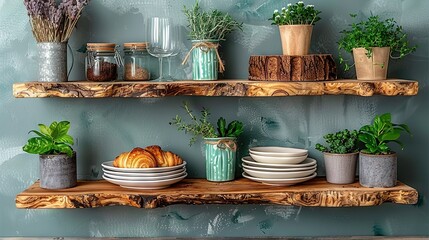   A few shelves with plants on top and dishes below
