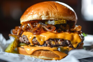 A cheeseburger topped with crispy bacon and caramelized onions on a bun, A decadent cheeseburger with layers of gooey cheddar, caramelized onions, and tangy pickles