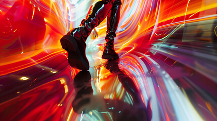 Close up of  patent leather boots walking in an abstract colourful energetic environment