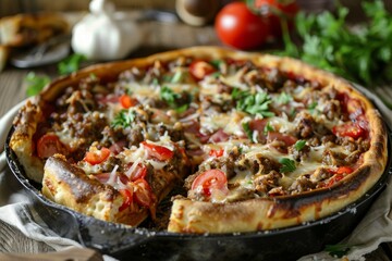 A deepdish pizza with melted cheese sits on top of a pan on a table, A deep-dish pizza overflowing with melted cheese and savory toppings