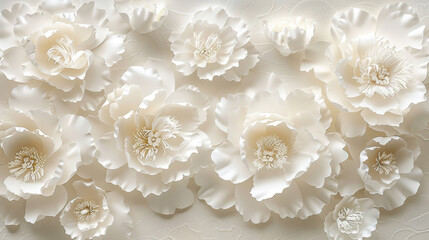 Delicate and detailed background of white paper flowers with soft shadows