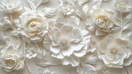 Delicate and detailed background of white paper flowers with soft shadows