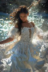 Woman in white dress splashing in a river in bright sunlight