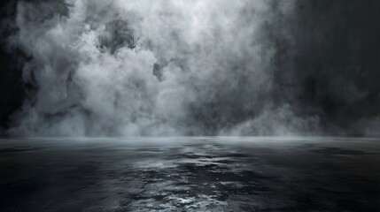 Fototapeta premium Dark gray background fog and light on floor. Mystical mist. smoke in dark room. Banner show product 