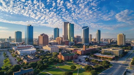 Naklejka premium Panoramic Aerial View of Downtown Fort Worth Skyline and Urban Architecture over Blue Sky Landscape
