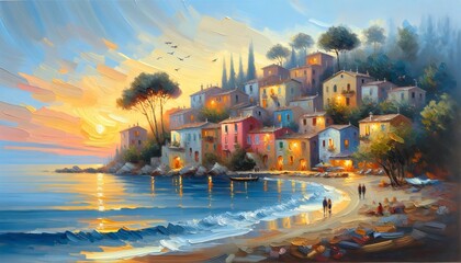 A sleepy coastal village in south Italy, time stands still as houses glow in soft, warm hues under setting sun